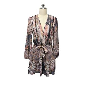 Zara Floral Print Long Sleeve Belted Mini Dress XS Metallic Sheer